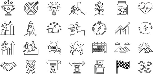 Motivation line icon set. Vector pictograms of personal growth, goal setting, perseverance, achievement, rocket launching, teamwork, passion, thumbs up thin linear illustration.