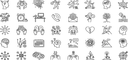 Overwhelmed, Stressful Situations line icon set. Vector pictograms of Mental strain, confusion, emotional pressure, anxiety, digital distraction, multitasking thin linear illustration.