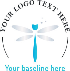 Elegant dental logo featuring a dragonfly with a tooth-shaped head and sparkling accents. Perfect for soft, modern dental branding. Fully editable.
