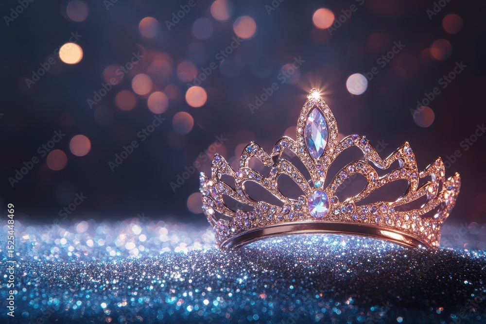 Poster elegant sparkling tiara resting on a glittery surface with a colorful bokeh background, sparkling ti