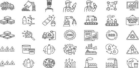 Plastic recycling line icon set. Vector pictograms of waste, conveyor, sustainability, reuse, energy, thermal, chemical, sorting process, bin, truck, logistics, thin linear illustration