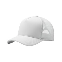 Fototapeta premium A white trucker hat with a plain white front panel and mesh back, presented from a 3/4 view, isolated against a pristine seamless white background with bright studio lighting and no shadows,