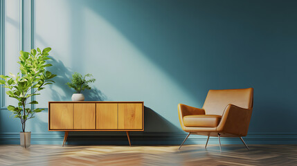 Modern mid century interior of living room ,leather armchair with wood cabinet on blue wall and wood floor ,3d render
