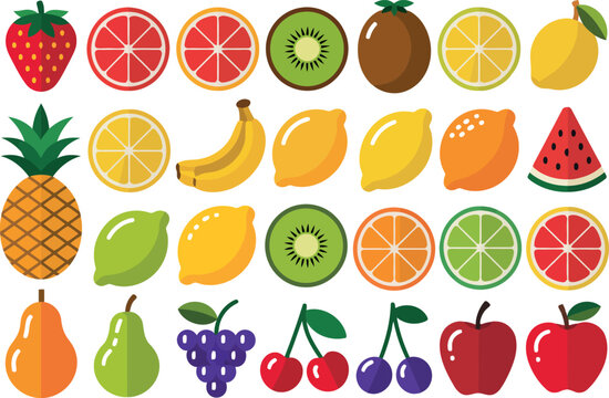 a large collection of fruits depicted in a clean flat design style. Various colorful fruits like strawberries, pineapples, apples, and bananas are arranged neatly.