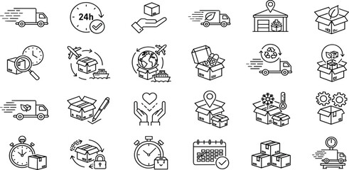 Shipping fulfilment trust line icon set. Vector pictograms of delivery, logistics, packaging, warehouse, tracking, pickup location, stopwatch, calendar, thin linear illustration..