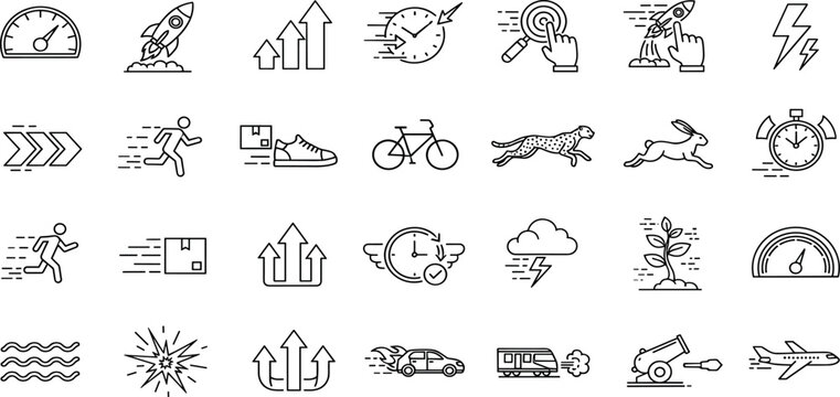 Speed, acceleration line icon set. Vector pictograms of fast movement, progress, quick actions, rocket, speedometer, lightning bolt, rapid growth dynamic thin linear illustration