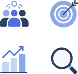 Business consulting icons. Team building, market targeting, employee strategy, search performance icons vector