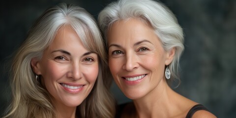 Happy mature caucasian females with gray hair smiling together indoors