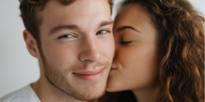 Young couple sharing a sweet moment: caucasian male and female close-up
