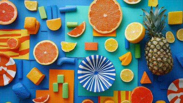 Vibrant fruit and geometric shapes composition