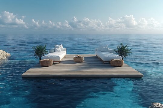 Seaside minimalist floating platform with chairs high resolution picture