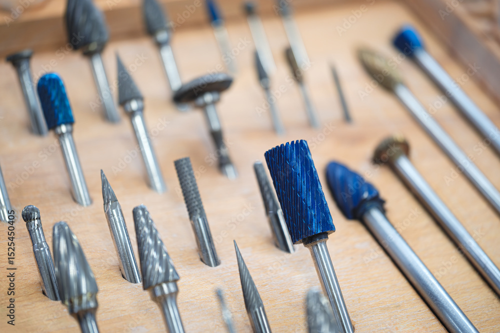 Poster A display of various types of drill bits. The display is organized and the bits are arranged in a way that makes it easy to see the differences between them