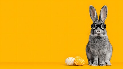 Gray rabbit wearing glasses sits near easter eggs against a yellow backdrop.
