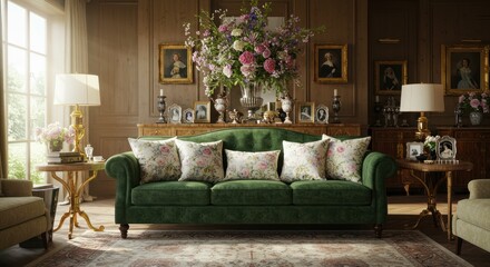A luxuriously appointed room showcases a green sofa with floral pillows amidst ornate furniture  floral arrangements