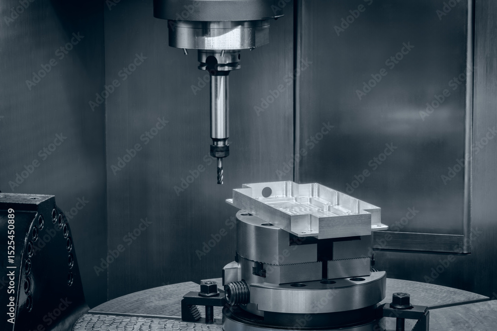 Poster cnc machine is cutting a piece of metal. the machine is very precise and has a lot of detail