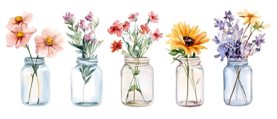 Collection of Five Watercolor Flower Arrangements in Mason Jars