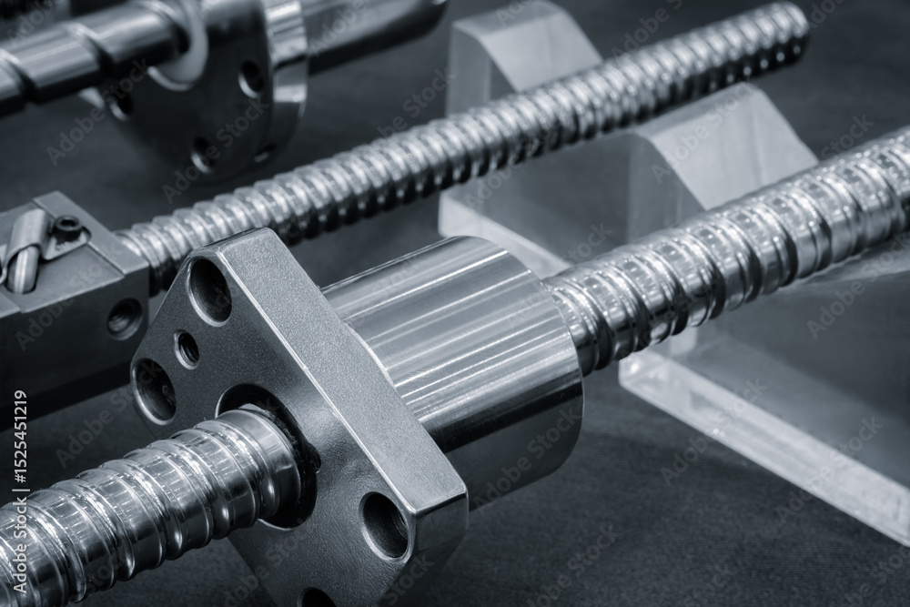 Poster collection of gears and screws are displayed on a black background. Concept of precision and technicality, as the various parts are arranged in a neat and organized manner