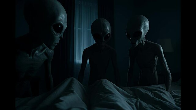 Grey aliens observing a sleeping human in a dark bedroom