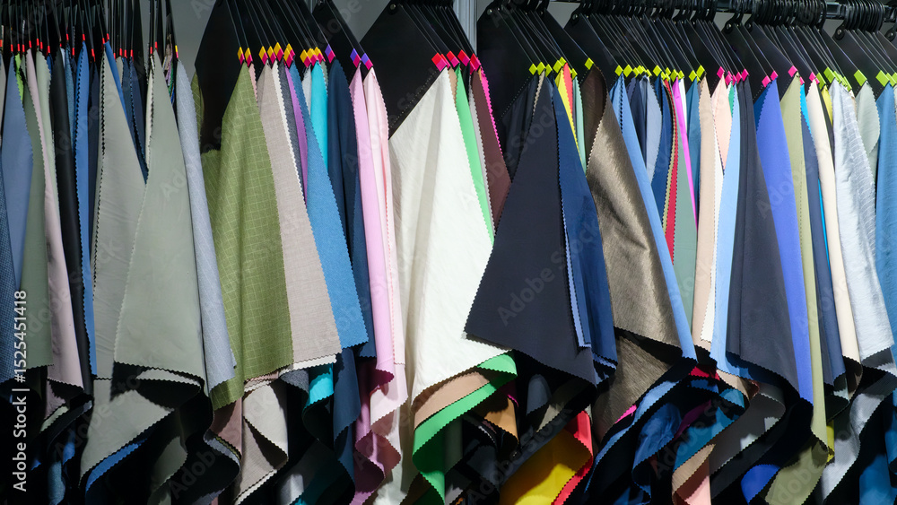 Poster rack of clothes with a variety of colors and patterns. concept of variety and abundance, with many d