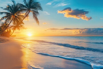 Serene sunset on a tropical beach with palm trees and gentle waves lapping the shore, Serene tropical beach at sunset with palm trees and calm waves