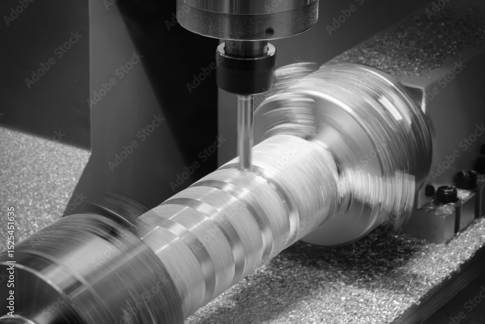 Aufkleber Hi-precision CNC rotation milling machine with cutting sample in blue-silver tone.The micro cutting technique in precision part.