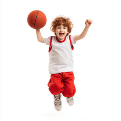 Excited Child Jumping with Basketball , isolated on white background png