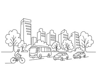 continuous one line sketch of modern metropolis city and urban transport. town and park. flat vector illustration isolated on white background. silhouette