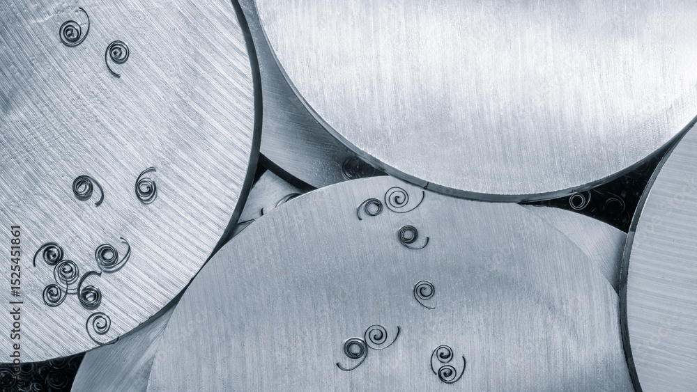 Poster Metal disks sawn by modern disk machine with shavings on the surface as background for industrial concept web banner template page design