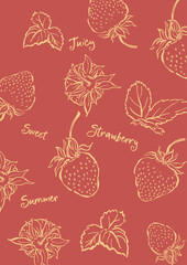 Vector berries poster of juicy linear strawberries and leaves. Hand-drawn garden harvest sketch. Organic farm graphics. Tasty food for design, veggie market drawing print, fabric or background.
