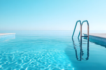 Empty swimming pool with clear water and ladder against blue sky background, creating a serene summer vibe