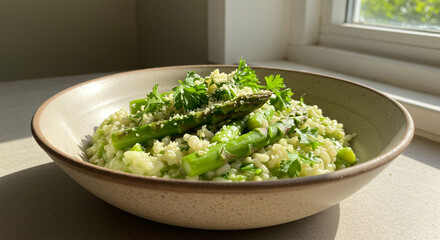 A bowl of asparagus risotto garnished with parsley and parmesan cheese sitting near a bright window
