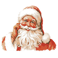 Vintage Santa Claus Illustration with Thoughtful Expression and White Background