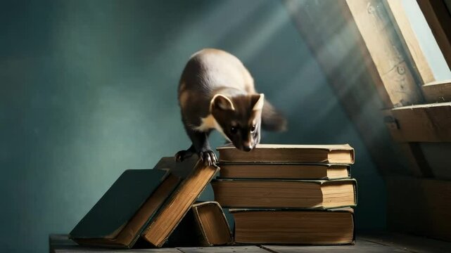 European pine marten on books, exploring, learning concept.