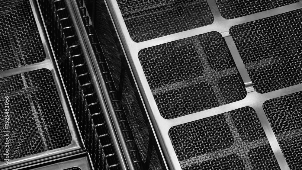 Poster A close up of a black and silver mesh with squares. The mesh is made of metal and has a grid pattern