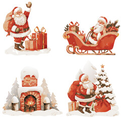 Watercolor Christmas Illustrations Featuring Santa Claus Sleigh Presents Fireplace and Christmas Tree
