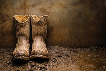 Muddy boots resting on a brown surface after a long day of outdoor work, Muddy boots on brown background