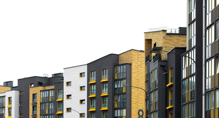 Architecture of colorful modern apartment building. Stylish low rise housing with geometric facade,
