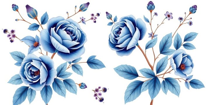 Delicate blue rose and foliage chinoiserie pattern on white background , subtle, floral