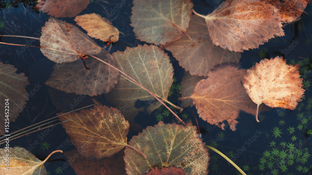 Poster pond full of autumn leaves floating on the surface. leaves are brown and slightly faded. water is ca
