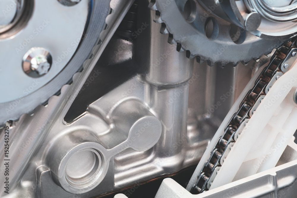 Aufkleber close up of a car engine with the chain and gears visible. Concept of precision and complexity, as the various components of the engine work together to create motion