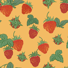 Vector seamless pattern of juicy strawberry and green leaves. Hand-drawn ripe fruits isolated on pink background. Tasty food illustration for design, print, fabric or background.