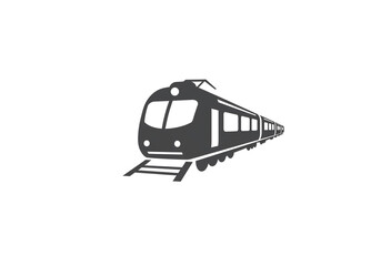 A stylized depiction of a train in black silhouette on a white background showing the train cars and tracks