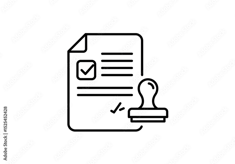 Poster a minimalist line art illustration of a document with a checkmark and a stamp on a white background