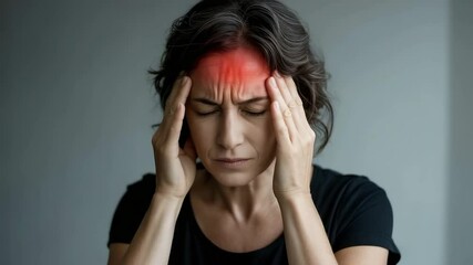 Woman with headache touching temples, red pain area on forehead. - Powered by Adobe