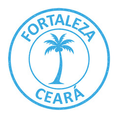 Fortaleza, Ceará grunge rubber stamp from Brazil, on transparent background, light blue vector illustration. Selo da cidade de Fortaleza, Ceará com ilustração de coqueiro