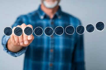 Person touching virtual circles in a row wearing a blue plaid shirt.