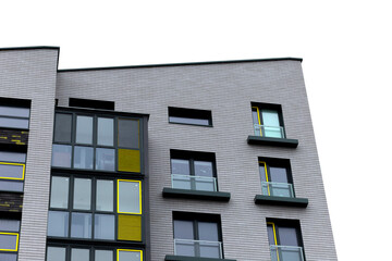 Architecture of modern apartment building with yellow and gray facade. Urban low rise housing