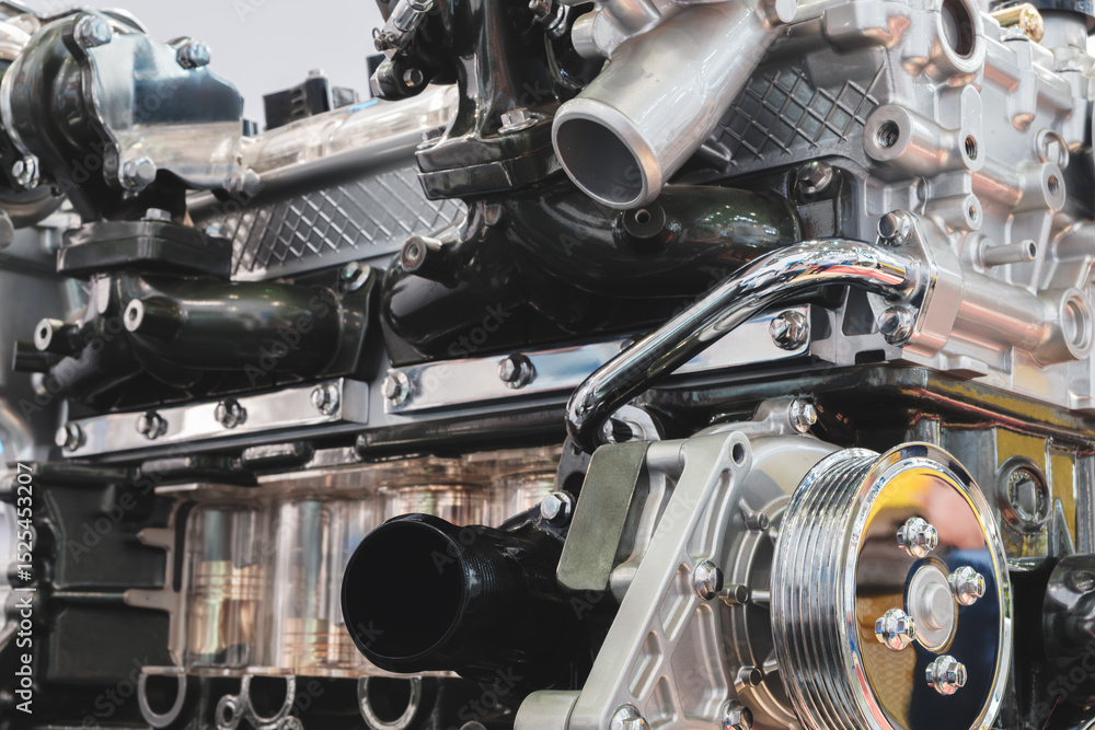 Poster close up of a car engine with a lot of detail. The engine is a complex piece of machinery with many parts and components. Concept of awe and admiration for the engineering and design of the engine