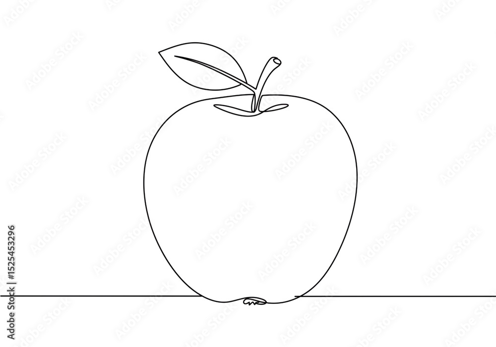 Poster a single line drawing of an apple with a leaf and stem sitting on a line against a white background