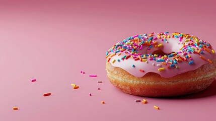 Pink Frosted Donut with Sprinkles on Pink Background
